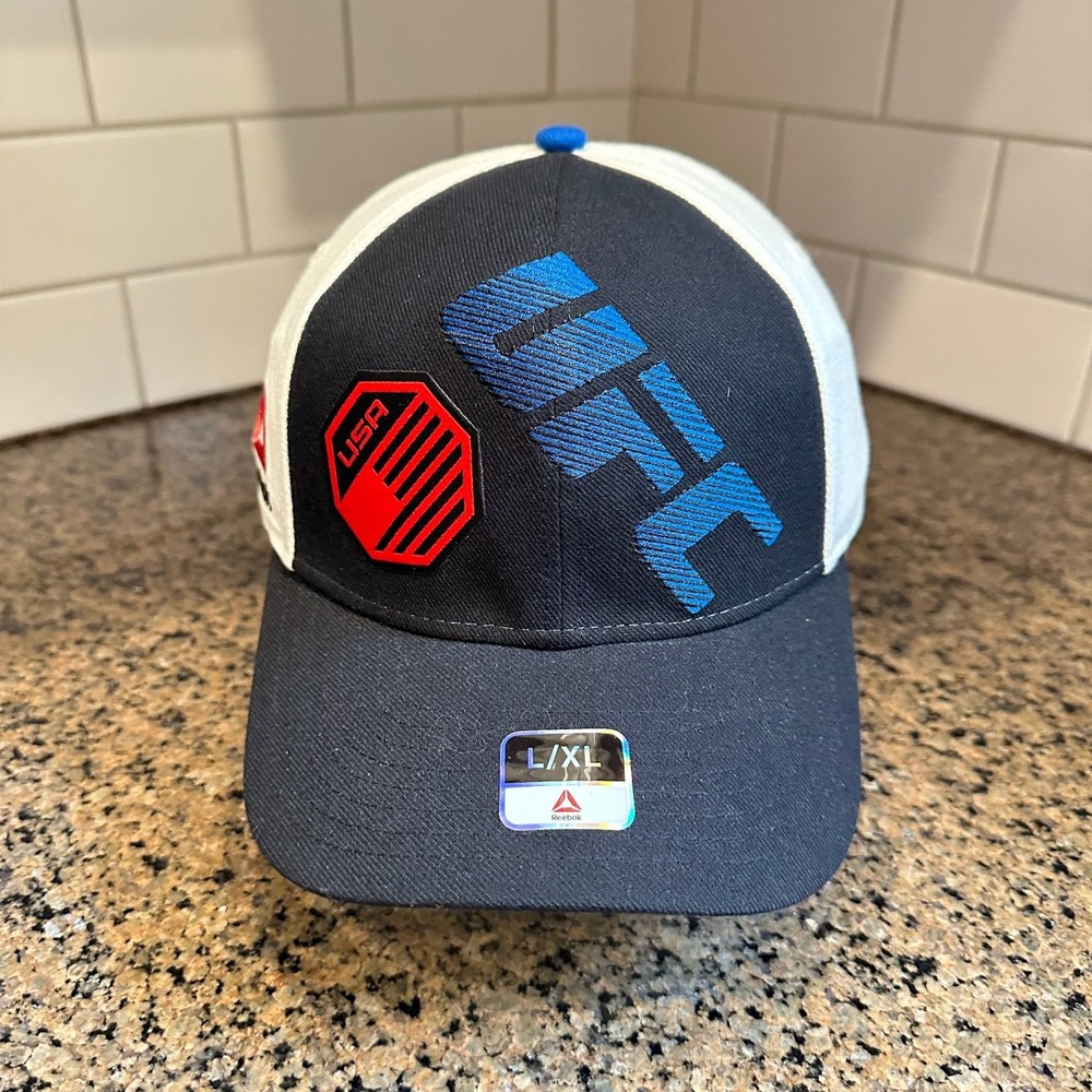 UFC Hat Reebok Flexfit Men's L/XL Navy Blue White USA Octagon Fitted Cap New